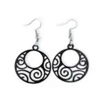 Black Laser Cut Acrylic Swirl Earrings with intricate spiral and swirl cut-out designs, featuring a hypnotic pattern inside a round silhouette, hanging from silver hooks against a white background.