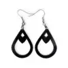 Close-up of sleek black Laser Cut Acrylic Teardrop Diamond Earrings featuring a diamond-shaped cut-out, suspended from silvertone surgical steel ear wires against a stark white background.