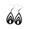 Black Laser Cut Acrylic Flame Drop Earrings with flame-like cutouts, featuring three nested flame shapes inside a teardrop silhouette, hanging from silver hooks against a white background.