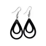 Black Laser Cut Acrylic Double Drop Earrings with two nested teardrop cutouts inside, creating a minimalist geometric effect, hanging from silver hooks against a white background.