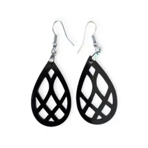 Close-up of black Laser Cut Acrylic Lattice Earrings suspended from silvertone surgical steel ear wires against a white background.