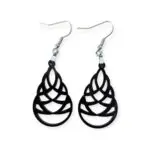 Handmade black Laser Cut Acrylic Celtic Knot Earrings crafted from laser-cut acrylic, featuring an intricate interwoven design, suspended from silver-tone hooks against a white background.