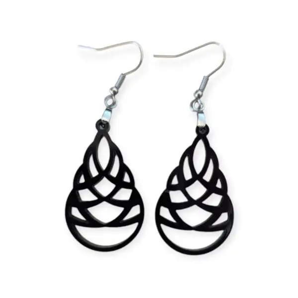 Handmade black Laser Cut Acrylic Celtic Knot Earrings crafted from laser-cut acrylic, featuring an intricate interwoven design, suspended from silver-tone hooks against a white background.