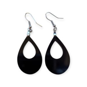 Close-up of black Laser Cut Acrylic Teardrop Earrings with silver-tone hooks against a white background.