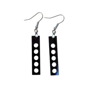 Black rectangular earrings with five circular cutouts arranged vertically, hanging from silver hooks against a white background. Laser Cut Acrylic Grid Earrings.