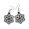 Laser Cut Acrylic Mandala Earrings are black geometric flower-shaped earrings with intricate cut-out design, hanging from silver hooks against a white background.