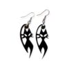 Close-up of Laser Cut Acrylic Cat Earrings shaped like stylized cats with pointed ears and whiskers, suspended from silvertone surgical steel ear wires against a white background.