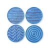 Set of four circular blue 3D printed coasters filled with resin, each with a different psychedelic pattern: dots, straight lines, wavy lines, and a spiral design.