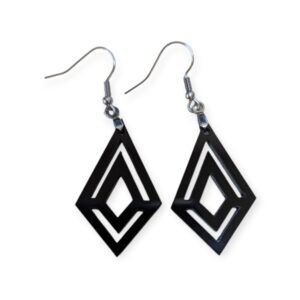 Black Laser Cut Acrylic Angular Diamond Earrings hanging from silver-tone hooks.