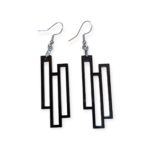 Black geometric dangle earrings made from laser-cut acrylic, featuring three interlocking rectangles in a modern, minimalist design.