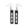 Black geometric dangle earrings made from laser-cut acrylic, featuring an intricate lattice design in a Gothic-inspired rectangular shape.