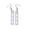 White geometric dangle earrings made from laser-cut acrylic, featuring an intricate lattice design in a Gothic-inspired rectangular shape.