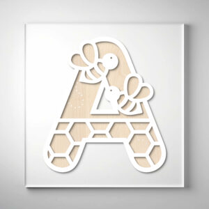 Laser-cut wooden letter "A" featuring two bees and a honeycomb pattern over a natural wood grain background.