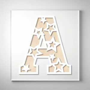 Laser-cut wooden letter "A" featuring star-shaped cutouts over a natural wood grain background.