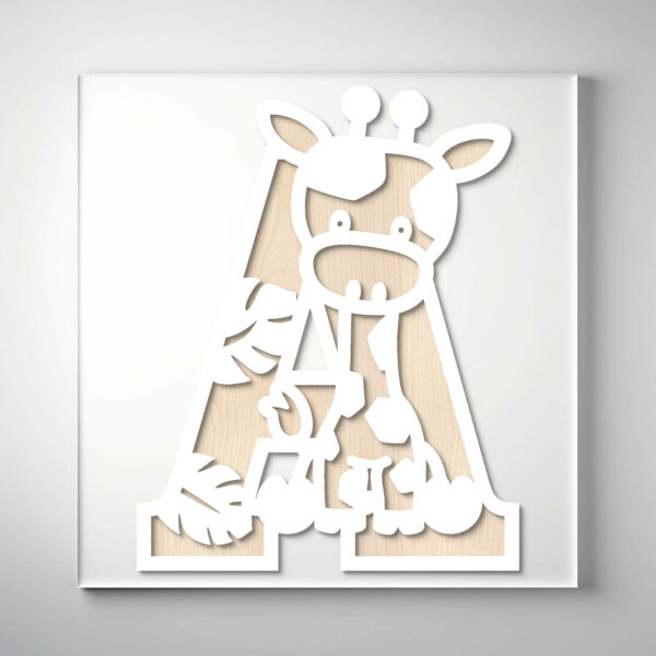 Laser-cut wooden letter "A" featuring a baby giraffe and leaf cutout design with a light wood grain background.