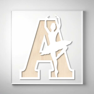 Laser-cut wooden letter "A" featuring a ballerina silhouette in an elegant pose over a light wood grain background.