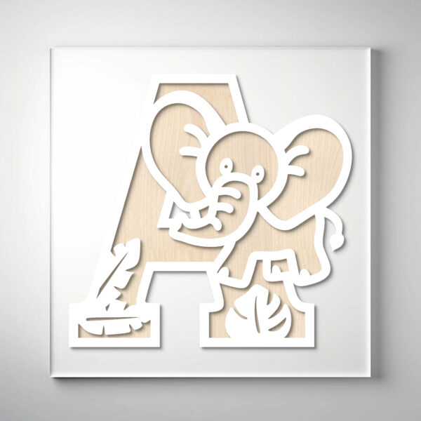 Laser-cut wooden letter "A" featuring a playful elephant design with tropical leaf details over a natural wood grain background.