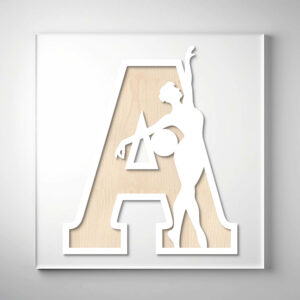 Laser-cut wooden letter "A" featuring a gymnast silhouette striking an elegant pose over a natural wood grain background.